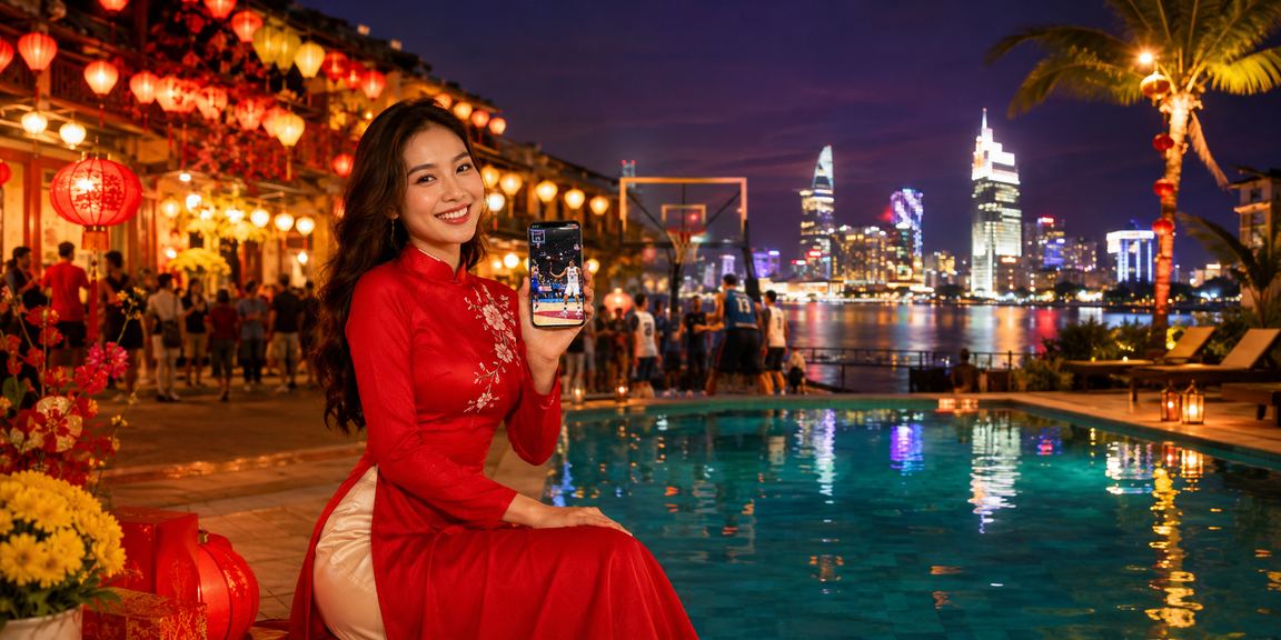 Người dùng tại Hội An trong trang phục áo dài truyền thống theo dõi kèo bóng rổ quốc tế trên điện thoại