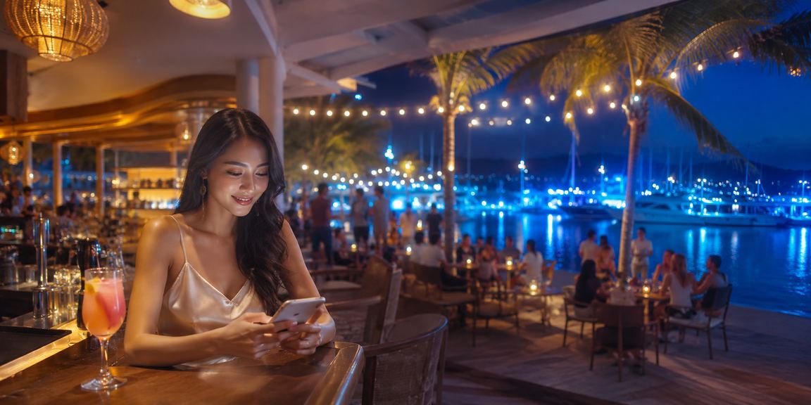 Người dùng trải nghiệm casino trực tuyến trên thiết bị di động tại bãi biển Phú Quốc